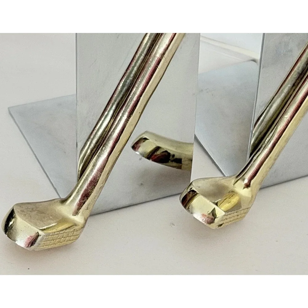 VTG MCM Chrome Golf Club Bookends Office Decor Silver Gold Metal Pair Retro Mod